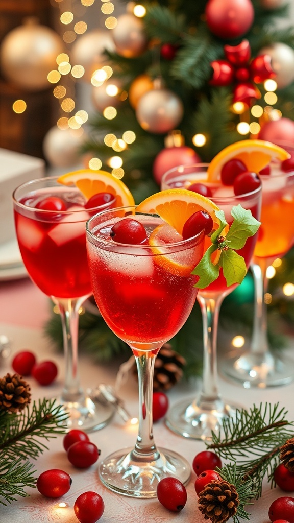 Festive Vodka Cocktails for a Crowd Festive vodka cocktails garnished with cranberries and orange slices on a holiday table.